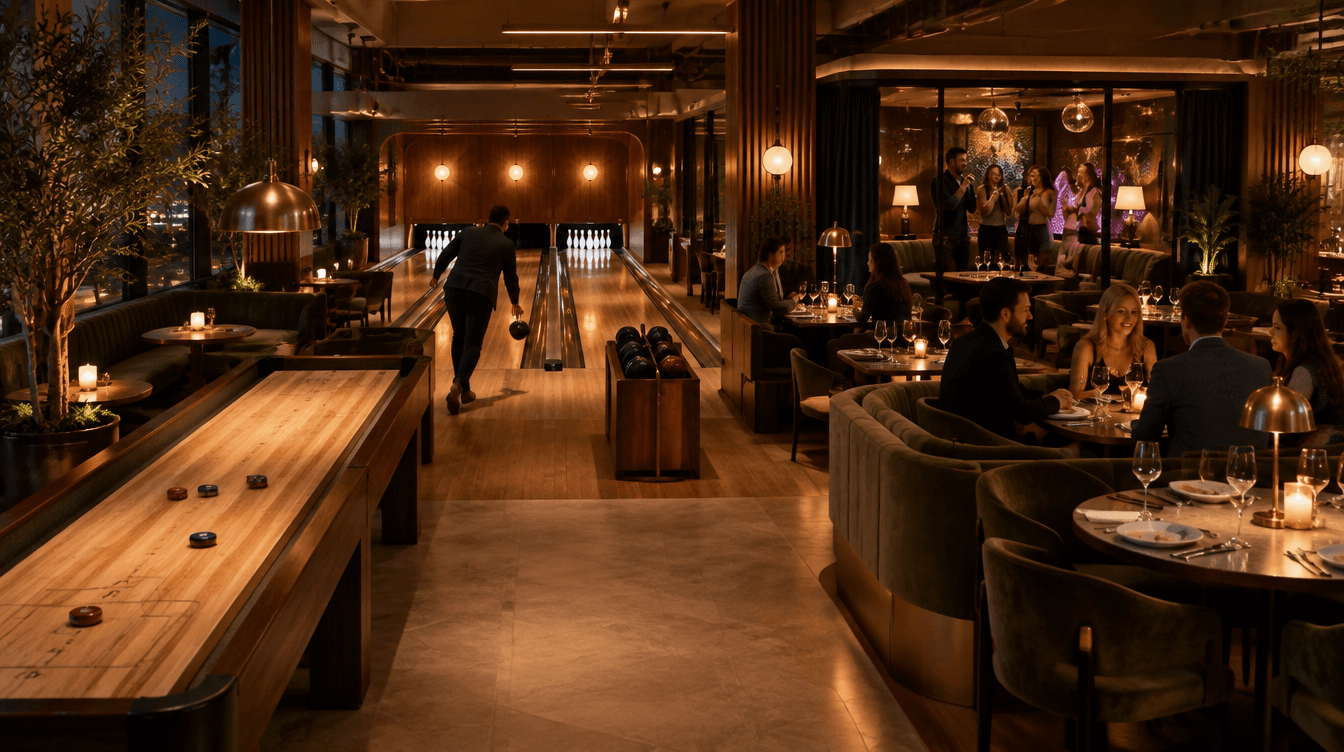 En fiktiv upplevelseanläggning med restaurang, bowlingbanor, shuffleboard och karaokerum i varm kvällsbelysning.