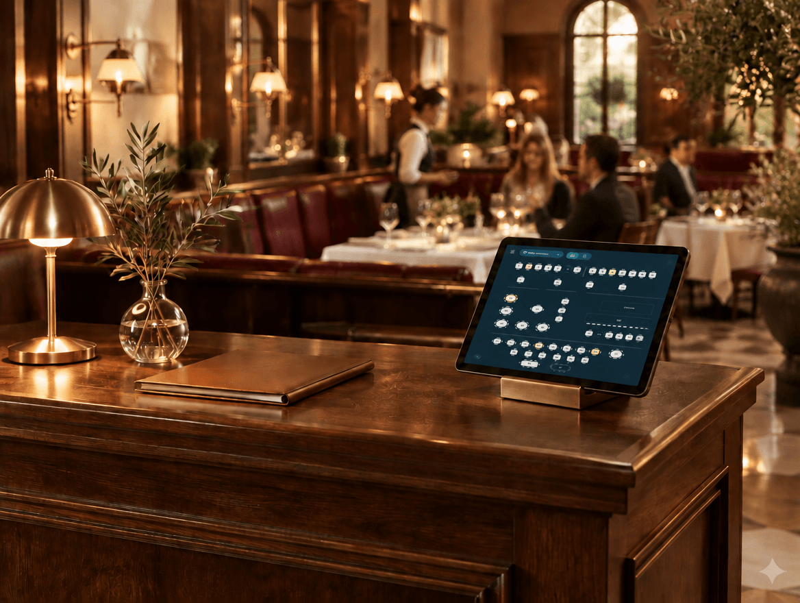 En surfplatta på ett elegant hovmästarbord framför en varm och livlig restaurang.