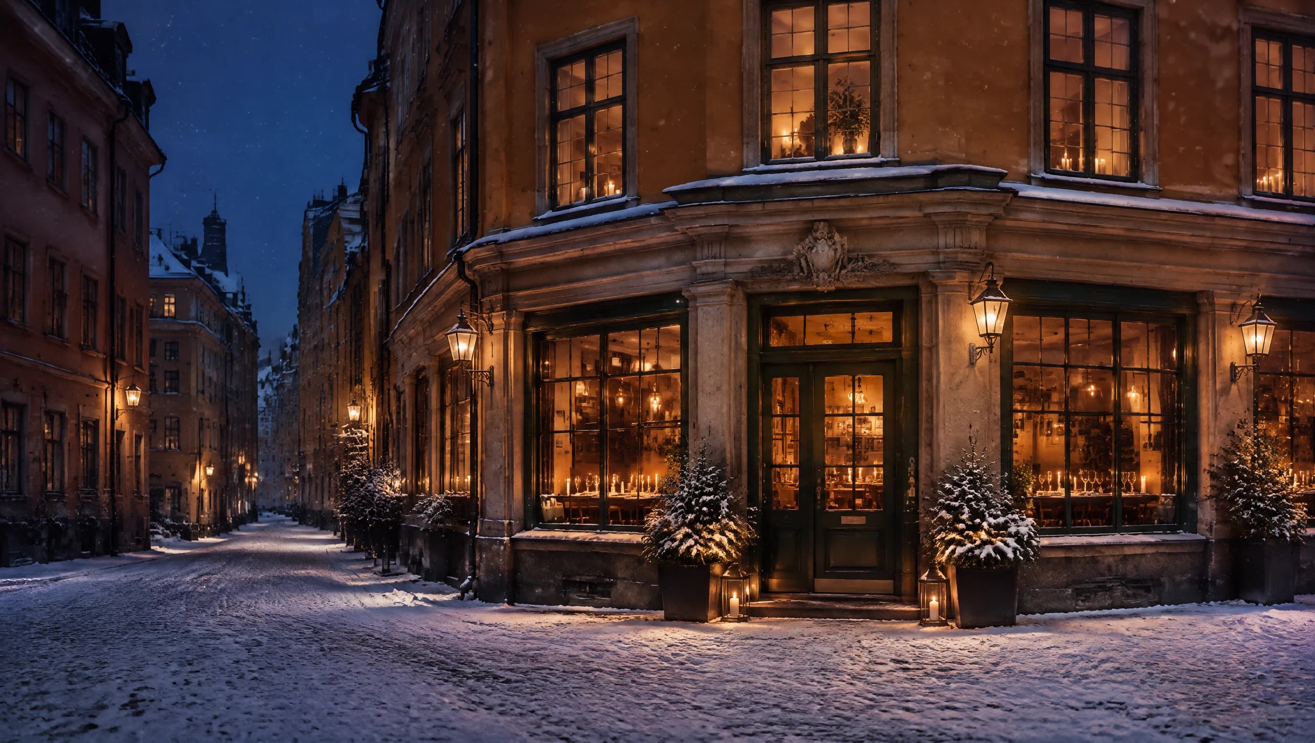 Een mooi buurtrestaurant in Stockholm met een besneeuwde straat, een okergele gevel en warm licht uit de ramen en de entree op een winteravond.