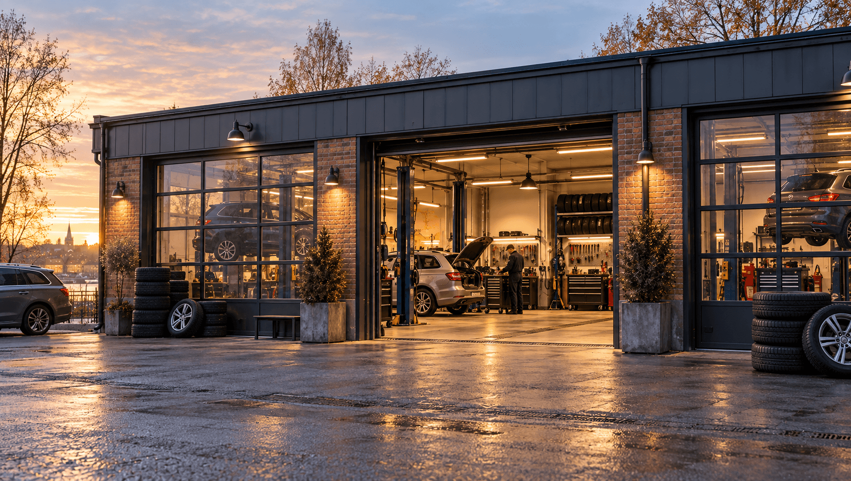 En upplyst bil- och däckverkstad i gryningen, med öppet garage, bilar på lyftar och en mekaniker i arbete.