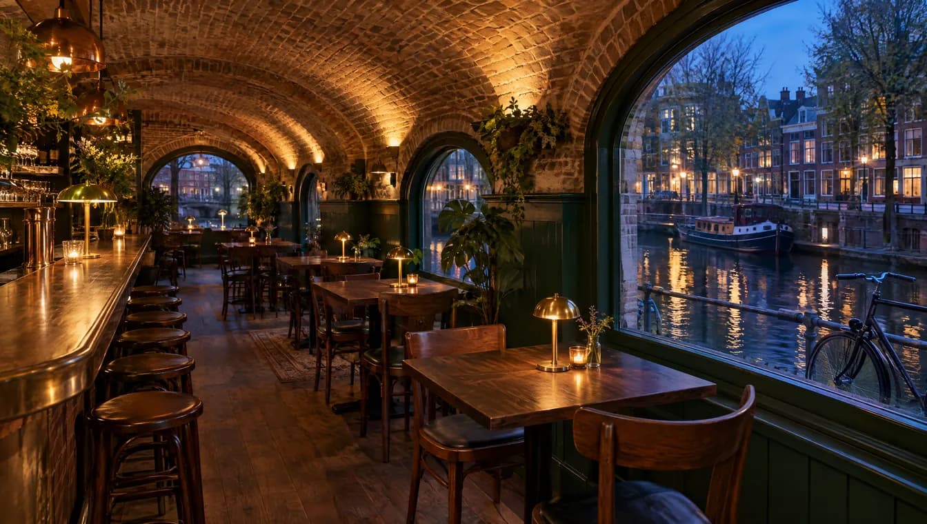 Gezellig keldercafé aan het water, met baksteengewelven, houten tafels en warm licht