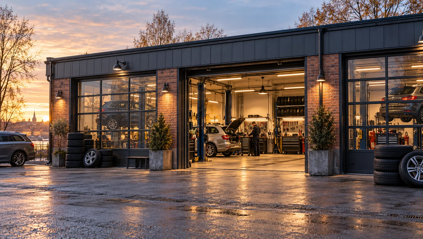 En liten svensk bilverkstad med garageportar och träd utanför